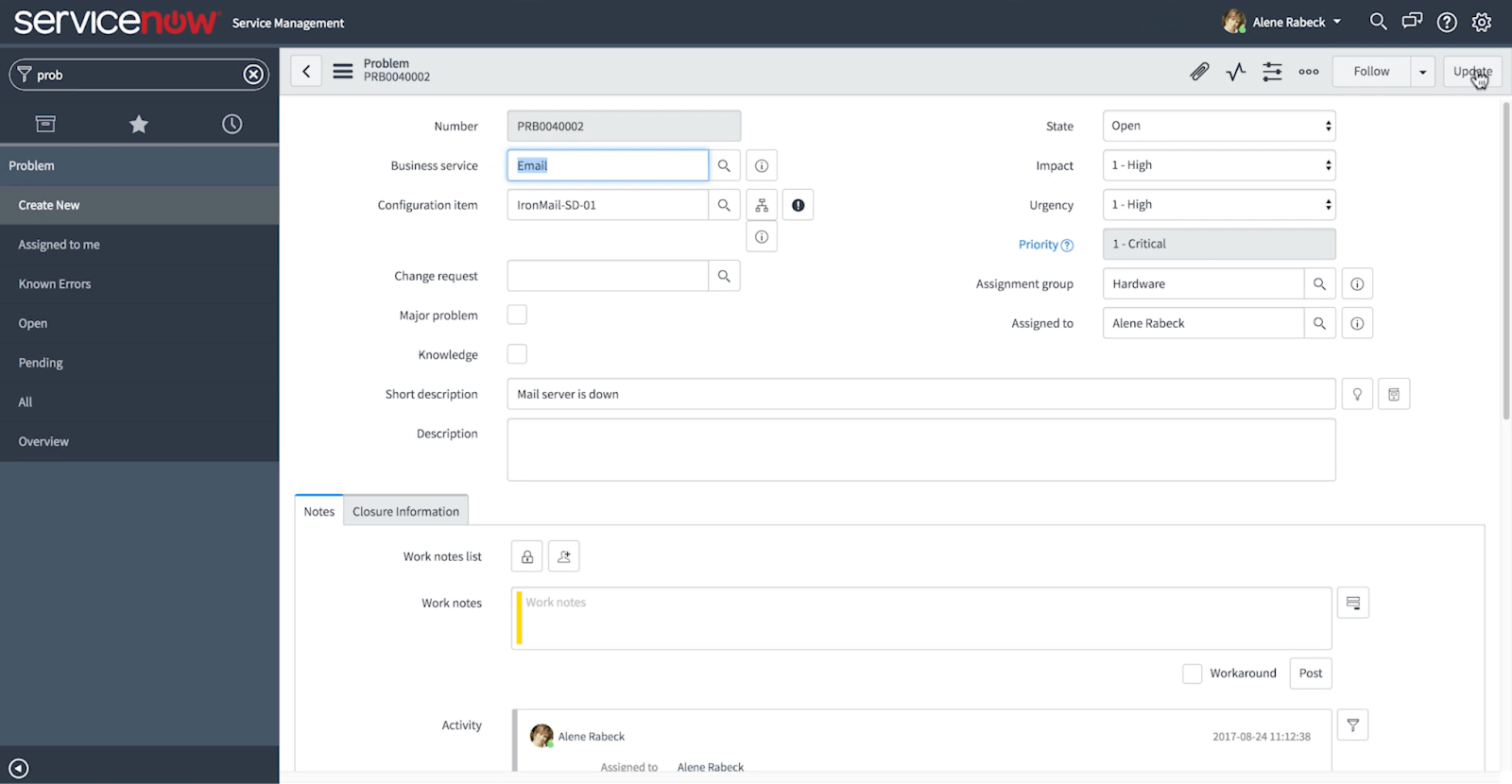 Problem Management Overview Dashboard