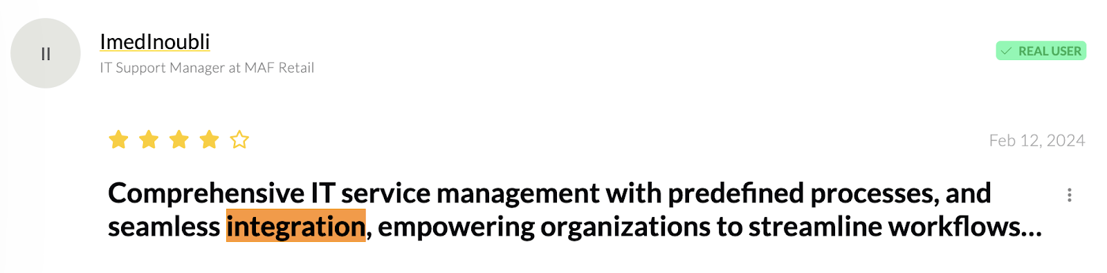 Customer review on ServiceNow IT Service Management